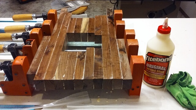Gluing the walnut strips together.