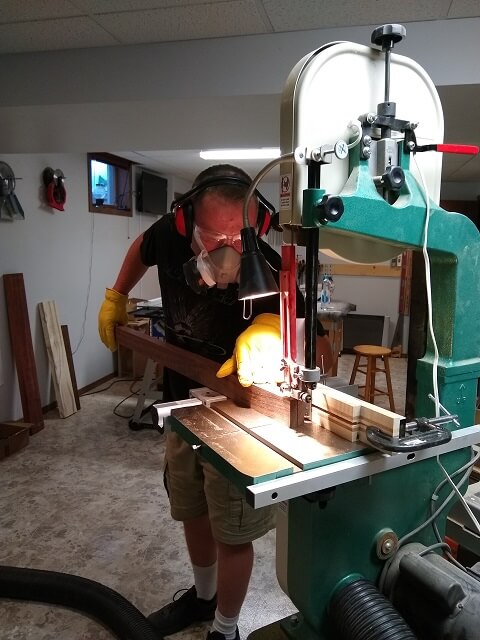 Resawing the Wenge piece into two thinner strips.