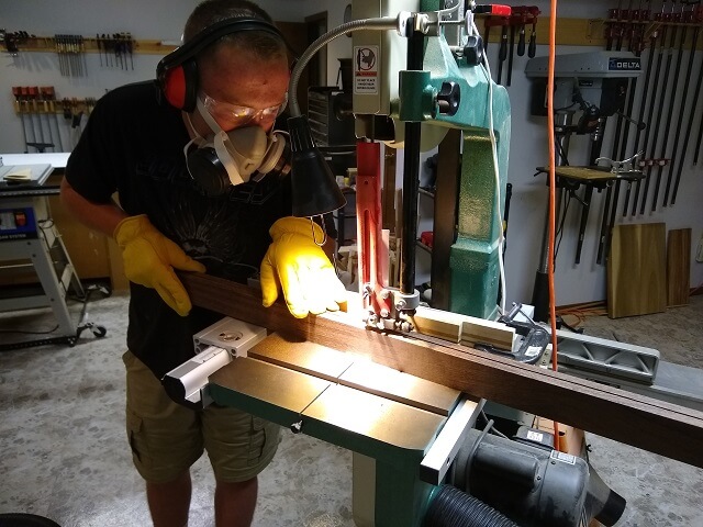 Resawing the Wenge piece into two thinner strips.