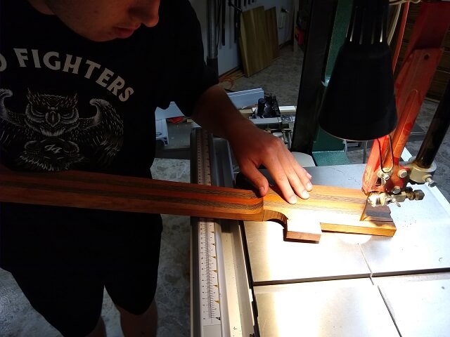 Rough cutting the headstock shape.