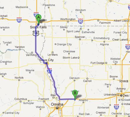 The first leg of today's journey. Sioux Falls, SD to Avoca, IA.