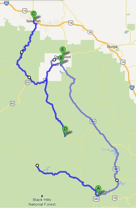 The route I actually wound up riding from Hill City, SD to Deadwood, SD