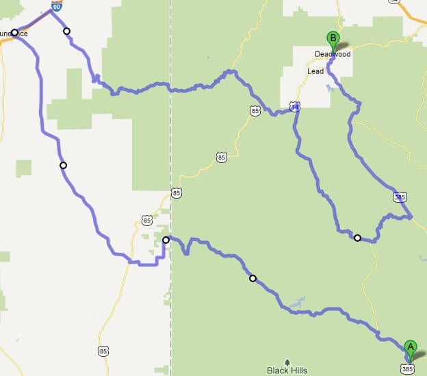 The route I originally intended to ride from Hill City, SD to Deadwood, SD