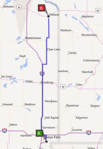 The route we rode from Sioux Falls, SD to Milbank, SD.