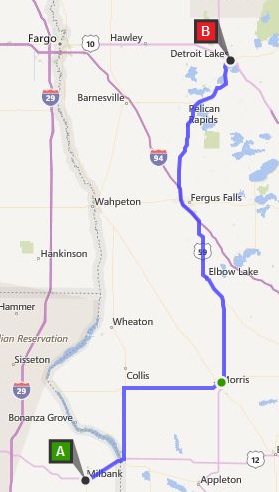 The route we rode from Milbank, SD to Detroit Lakes, MN.
