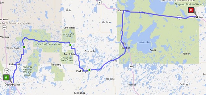 The route we rode from Detroit Lakes, MN to Deer River, MN.