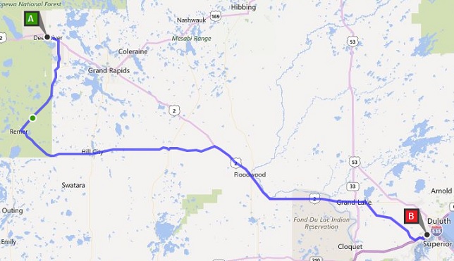 The route we rode from Deer River, MN to Duluth, MN.