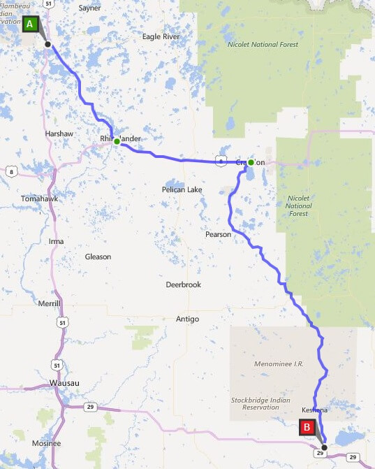 Our modified route from Woodruff to Showano.