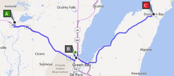 Our route from Showano, WI to Sturgeon Bay, WI