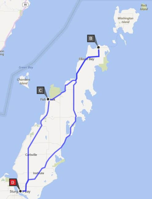 Our route around the Door County peninsula.