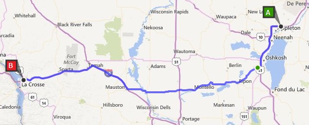 The modified route we took from Appleton to LaCrosse.