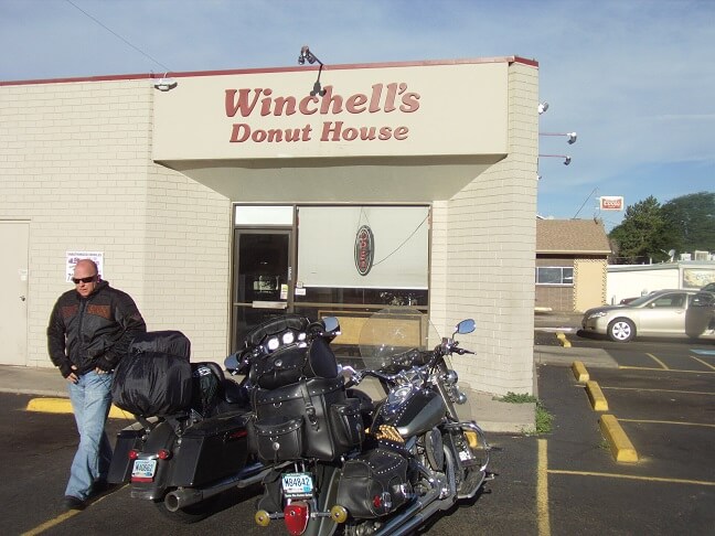 Leaving Winchell's donuts.