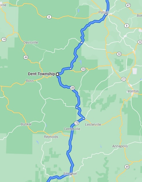 Map of Potosi, MO to Ellington, MO