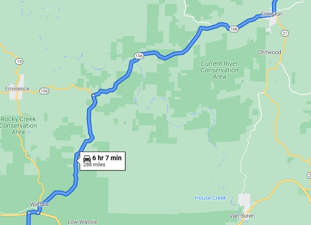 Map of Ellington, MO to Winona, MO