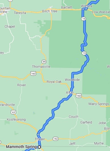 Map of Winona, MO to Mammoth Spring, AR