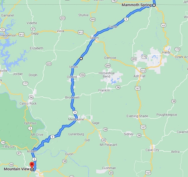Map of Mammoth Spring, AR to Mountain View, AR