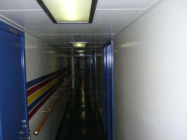 A view down one of the hallways on the lower deck.