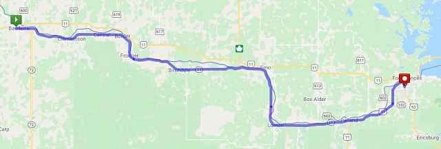 Map of the route from Baudette, MN to International Falls, MN