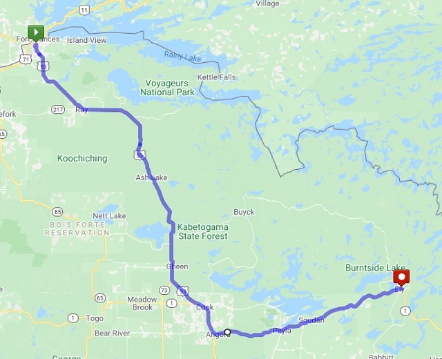 Map of the route from International Falls, MN to Ely, MN.