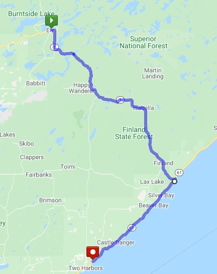 Map of the route from Ely, MN to Betty's Pies in Two Harbors, MN.