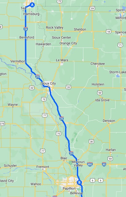 Map of the route I rode from Sioux Falls, SD to Council Bluffs, IA.