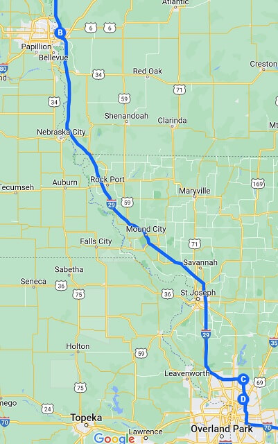 Map of the route I rode from Council Bluffs, IA to Kansas City, MO.