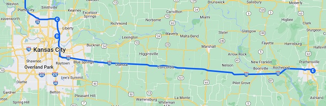 Map of the route I rode from Kansas City, MO to Columbia, MO.
