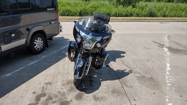 My motorcycle at the rest stop near Danville, MO.