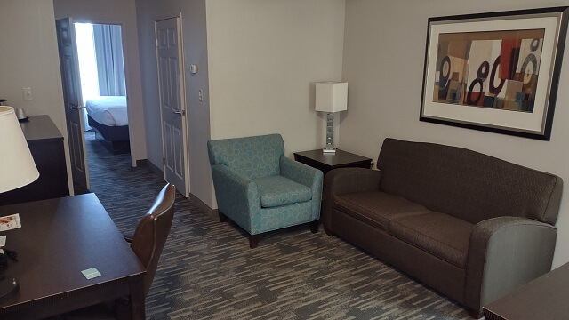 The living area of my hotel room at the Country Inn in Evansville, IN.