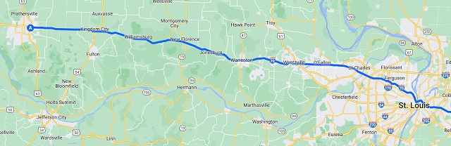 Map of the route I rode from Columbia, MO to St. Louis, MO.