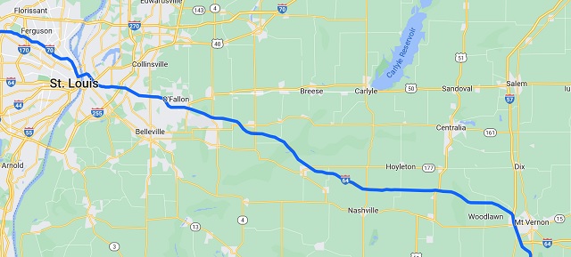 Map of the route I rode from St. Louis, MO to Mount Vernon, IL.