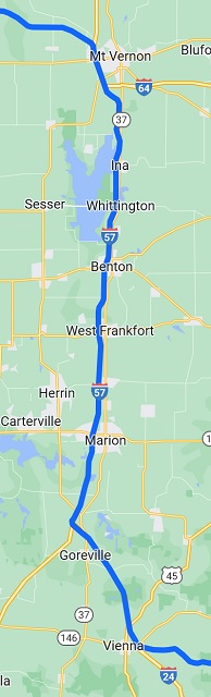 Map of the route I rode from Mount Vernon, IL to Vienna, IL.