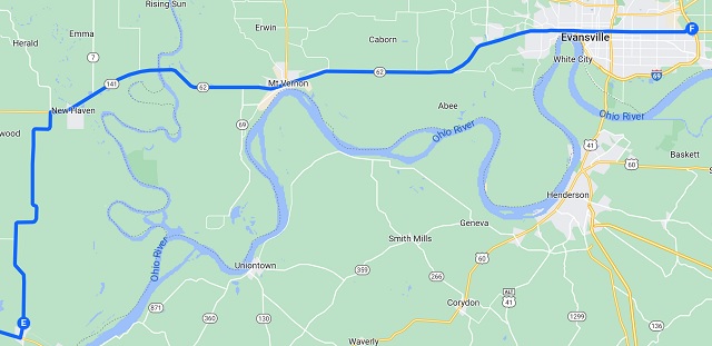 Map of the route I rode from Shawneetown, IL to Evansville, IN.