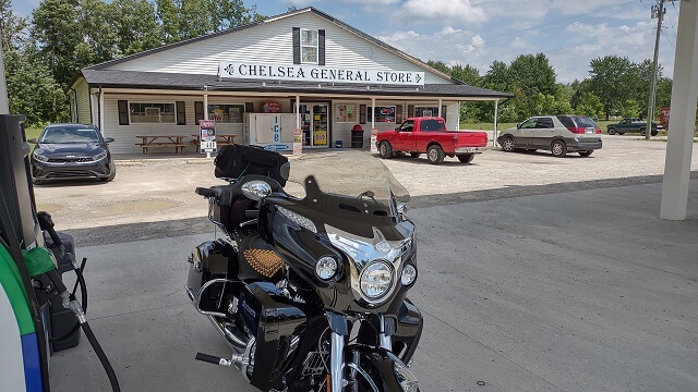 Stopping for gas in Chelsea, IN.