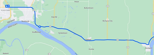 Map of the route I rode from Evansville, IN to Rockport, IN.