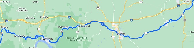 Map of the route I rode from Sulpher, IN to Duncan, IN.