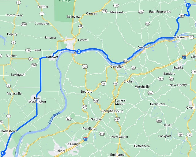 Map of the route I rode from the Louisville area to Vevay, IN.