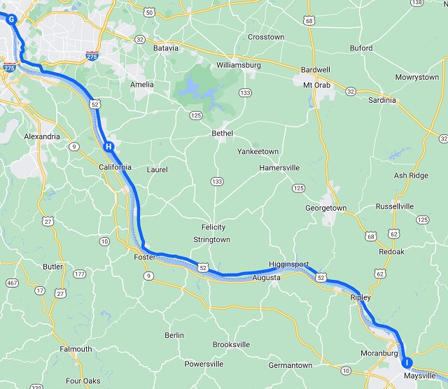 Map of the route I rode from Cincinnati, OH to Aberdeen, OH.