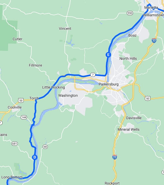 Map of the route I rode from Long Bottom, OH to Marietta, OH.
