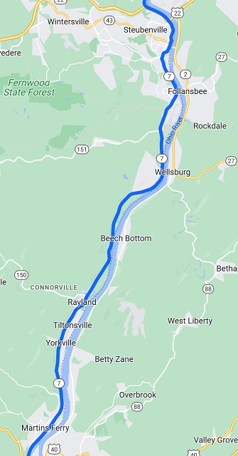 Map of the route I rode from Wheeling, OH to Steubenville, OH.