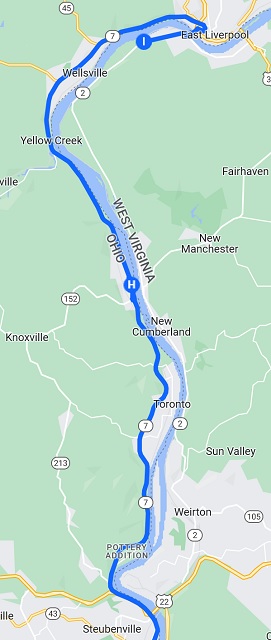 Map of the route I rode from Steubenville, OH to Newell, WV.