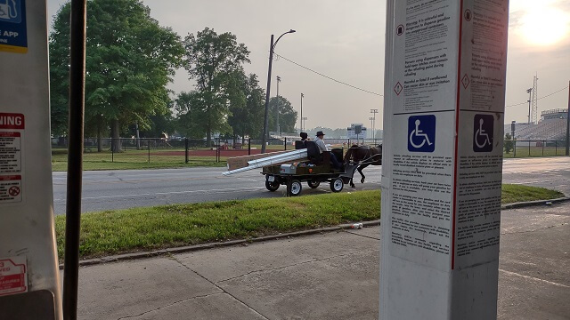 An Amish couple on a horse wagon in Goshen, IN.
