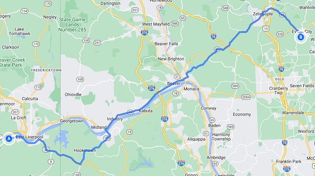 Map of the route I rode from Newell, WV to Evans City, PA.