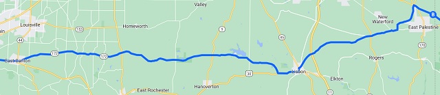 Map of the route I rode from East Pallestine, OH to East Canton, OH.