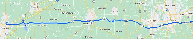Map of the route I rode from East Canton, OH to Mansfield, OH.