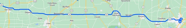 Map of the route I rode from Mansfield, OH to Van Wert, OH.