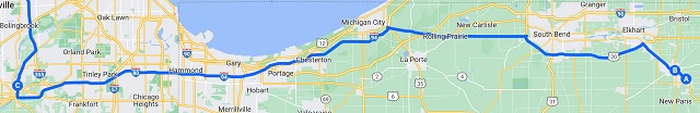 Map of the route I rode from Goshen, IL to Joliet, IL.