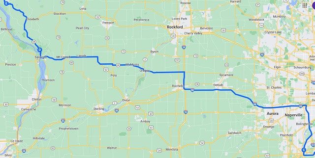 Map of the route I intended to ride from Joliet, IL to Galena, IL.