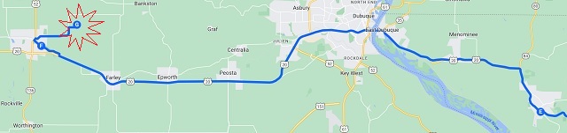 Map of the route I actually rode from Galena, IL to Dyersville, IA.