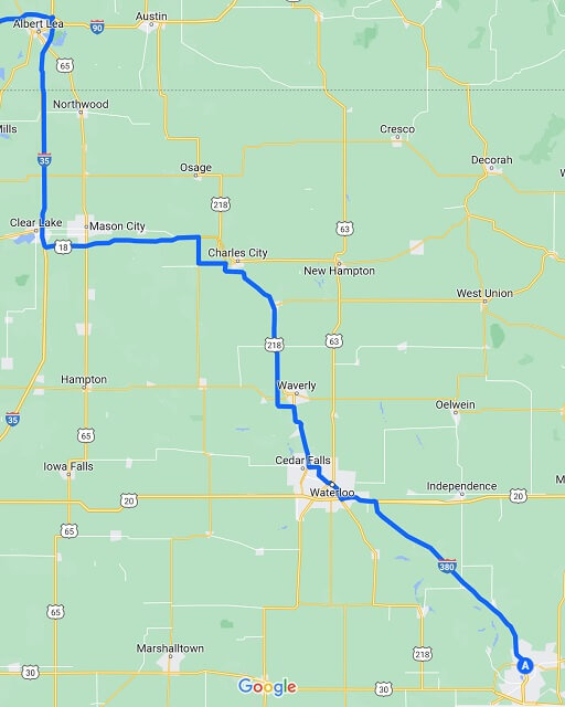The route I drove from Cedar Rapids, IA to Albert Lea, MN.